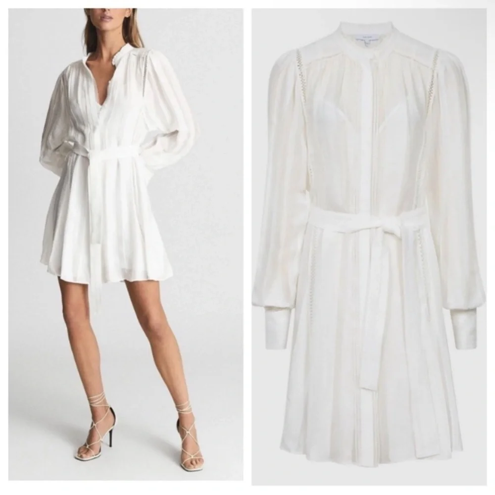 New! Reiss Harriet white ladder trim flippy long sleeve dress 41267
